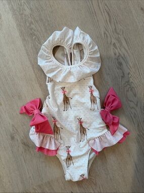 Sal & Pimenta Girls White & Pink Giraffe One-Piece Swimsuit with Bows 4t